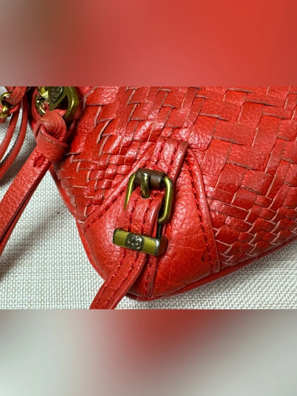 Red Woven Leather Crossbody Bag with Chain-Trim Strap